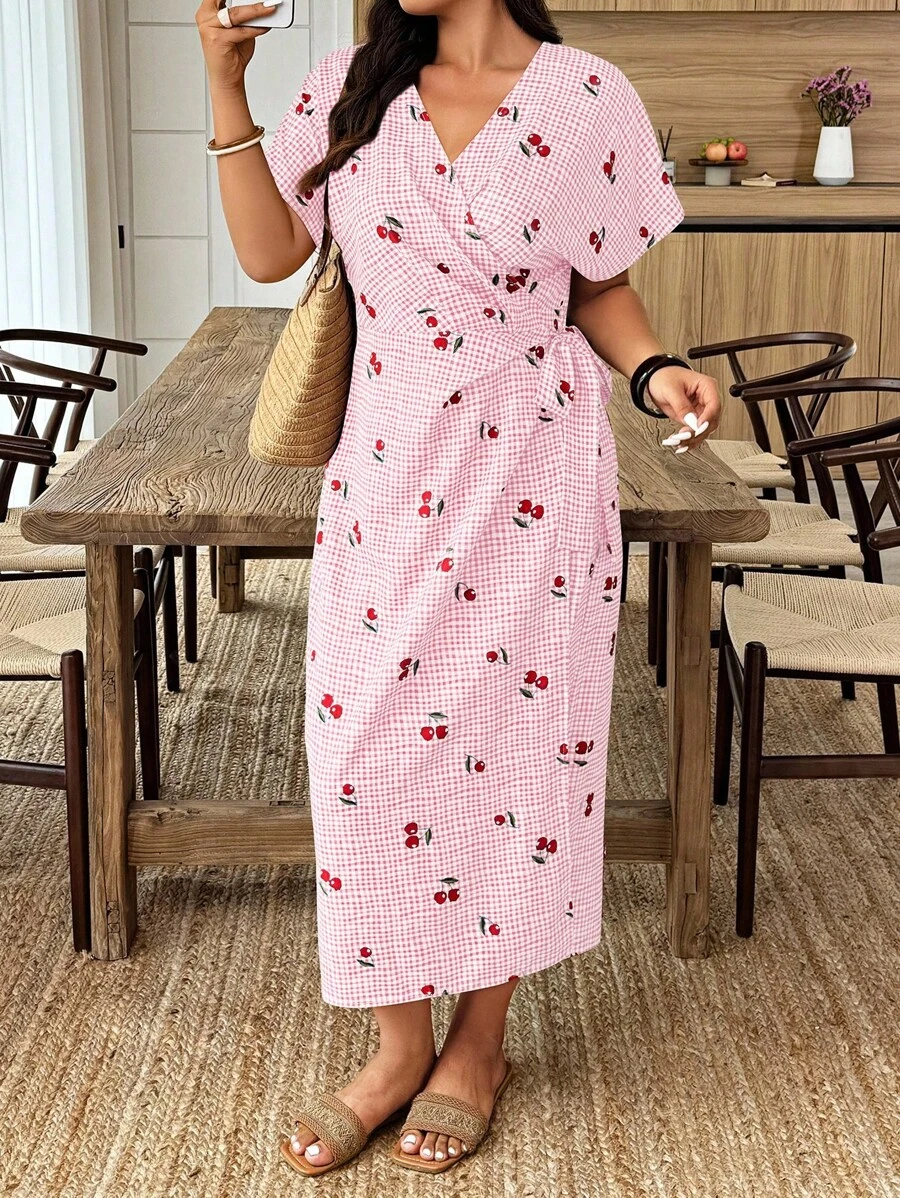 EMERY ROSE Plus Size Random Print V-Neck Cross Wrap Short Sleeve Dress - Multicolor - View 1