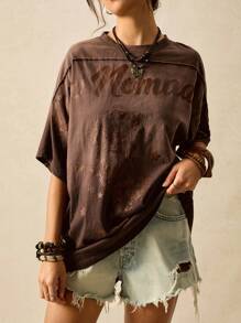 Easelle Women's Fashion Boho Round Neck Batwing Sleeve Coffee Brown Knit T-Shirts With Print For Summer Outfits Western Nomadic Graphic Tees