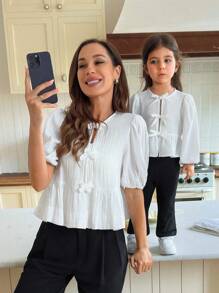 Elegant Versatile Spring/Summer White Bowknot Long Sleeve Blouse For Babygirl - White - View 6