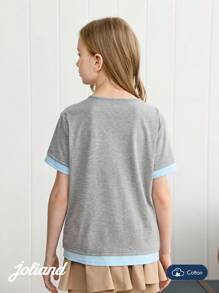Joliand 1pc Young Girl Elegant Urban Casual Versatile Dog Decor Patchwork Grey & Light Blue Crew Neck Short Sleeve T-Shirt, Suitable For Back To School, Travel, Everyday, Summer & Autumn Back To School  School  Clothes School Supplies ColorfulJoy Backtoschool