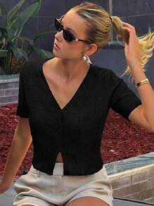 DAZY Áo len cardigan dáng ôm cổ chữ V tay ngắn cho nữ - màu đen - Xem 3