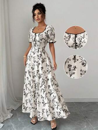 Elenzga Women's Retro Elegant Floral Print Square Neck A-Line Maxi Dress, Suitable For Casual, Holiday, Daily Gatherings, Spring & Summer