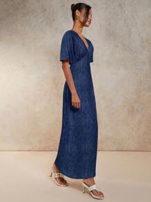 COSMINA Women's Fashionable Waist Cinched Long Dress, Work Commute Wear - Blue - View 5