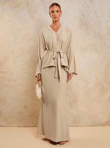 COSMINA 2pcs/Set Women Elegant Belted Long Dress For Early Autumn