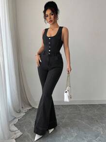 Elenzga Quần yếm denim đa năng thường ngày thời trang dành cho nữ và áo liền quần - màu đen - Xem 6