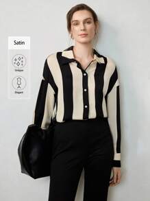 Uhlyne White Blouse,Business Casual,Work Wear Women,Office Outfits,Teacher Outfits For Women Collared Long Sleeve Striped Print Elegant Commuting Minimalist Women Shirt Fall Cloth For Women - Black - View 3