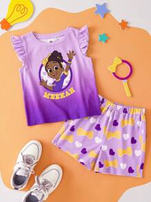 Blippi X SHEIN Bộ đồ mùa hè 2 món áo tay dài màu tím ombre phong cách hoạt hình cho bé gái và quần short in hình bướm trái tim dễ thương - Màu tím - Xem 1