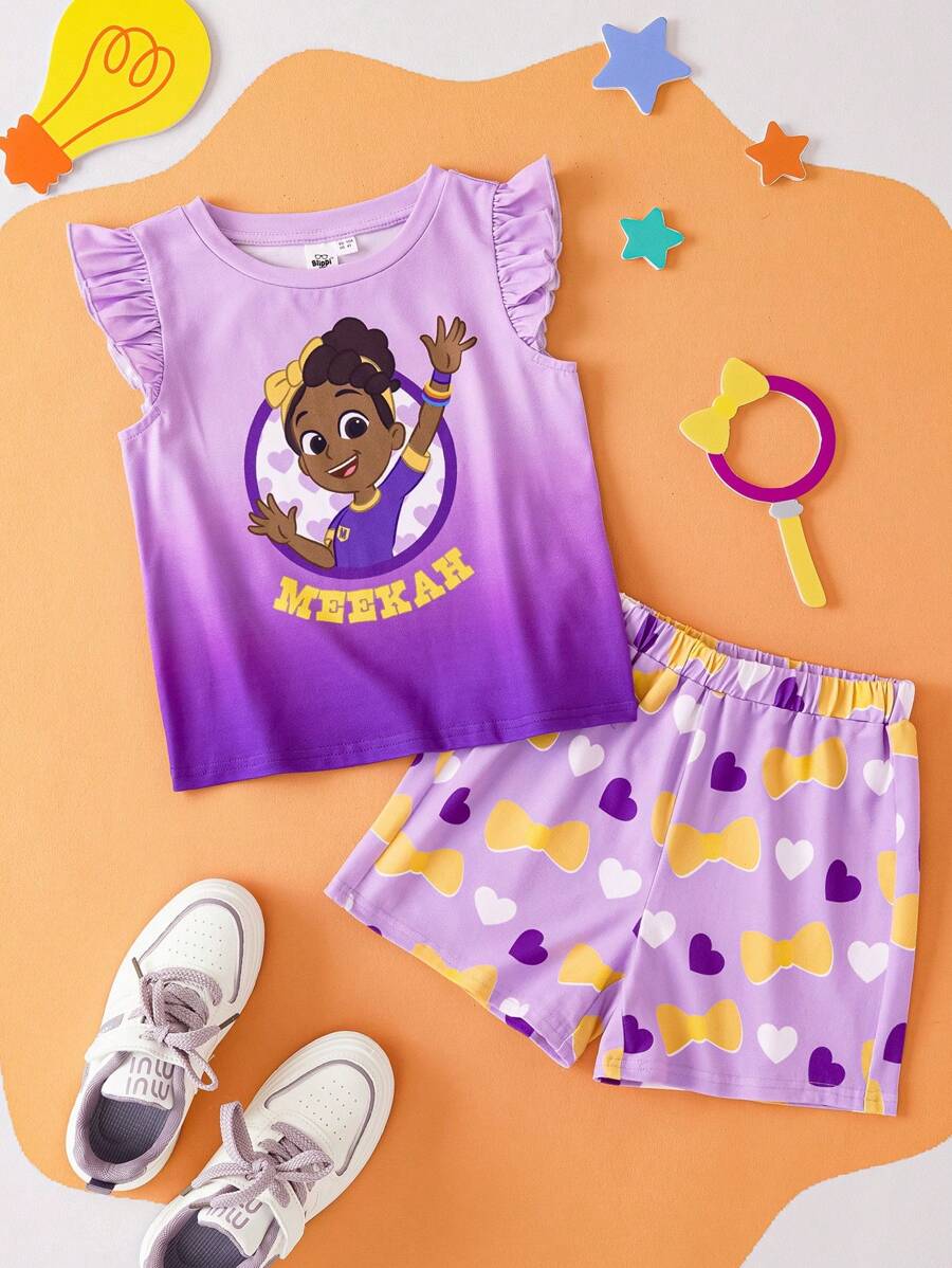 Blippi X SHEIN Bộ đồ mùa hè 2 món áo tay dài màu tím ombre phong cách hoạt hình cho bé gái và quần short in hình bướm trái tim dễ thương - Màu tím - Xem 1
