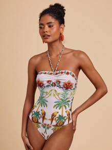 Travachic Women's Backless Tropical Print Halter One Piece Swimsuit For Beach & Resort - Beige - View 6