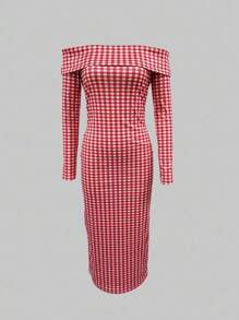 INAWLY Women's Off-Shoulder Pink Plaid Simple Casual Mini Dress - Red - View 1