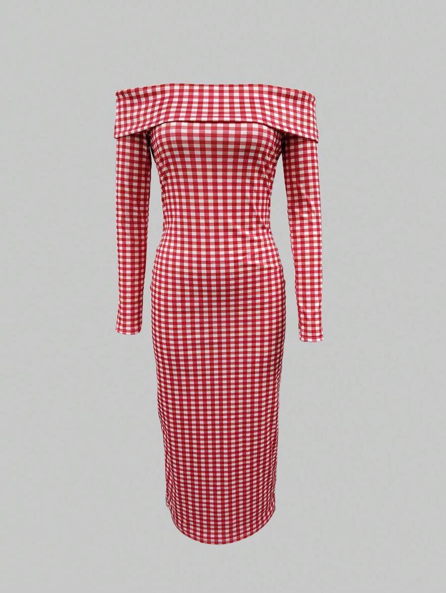 INAWLY Women's Off-Shoulder Pink Plaid Simple Casual Mini Dress - Red - View 1