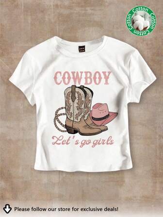 Tseoso Casual Cowboy Boots Western Vintage Pattern Round Neck Short Sleeve Cropped Fitted Women T-Shirt, Cotton Blend, Suitable For Summer