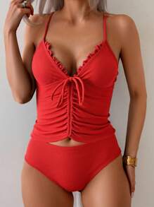 SHEIN Swim 女式纯色褶皱深 V 领无袖抽绳背心上衣和下装分体泳衣套装，适合旅行、度假、泳池、夏季海滩 - 紅色 - 查看 4