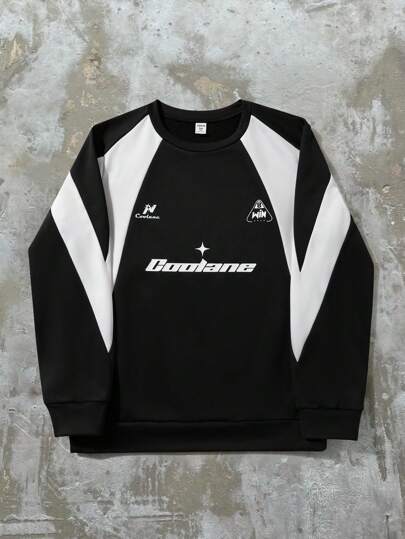 SHEIN 1 Piece Teen Boy Casual Sports College Round Neck Multi-Color Stitching Round Neck Sweatshirt With European And American Letter Patterns Suitable For Back To School, Birthday Parties, Evening Parties, Performances, Weddings, Baptisms, Opening Ceremonies, Daily,In Fall/Winter