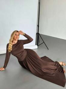 Auralis 大码长裙，秋季连衣裙，长袖连衣裙，高弹舒适连衣裙秋季女装秋季优雅女士连衣裙女士秋季连衣裙端庄端庄连衣裙 - 咖啡棕 - 查看 7