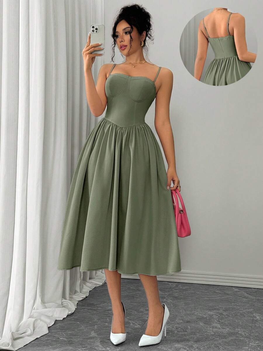 Rafferiza 时尚百搭细肩带收腰喇叭下摆派对连衣裙，适合秋冬季女性 - 墨綠色 - 查看 1
