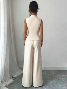 Elenzga 2pcs/Set Mature Elegant Women's Sleeveless Top With Collar Design And Waist Button, Wide-Leg Long Pants/African Dresses For Women/Drawstring Pants /Smart Casual/Fall,Halloween,Homecoming,Back To School/Teacher Outfits/Fall Women Clothes/Winter,Thanksgiving/Winter Women Clothes - Apricot - View 2