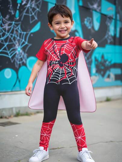 SHEIN 2pcs/Set Young Boy Buy 1 Get 1 Spider Cosplay, Including Short Sleeve Jumpsuit And Cape, Suitable For Cosplay Performance, Events, Back To School Season Fall Winter