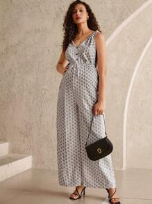 MaterniWear Maternity V-Neck Sleeveless Single-Breasted Argyle Pattern Casual Jumpsuit, Summer Woman S Summer Clothes Women Summer Sets Summer Dresses For Women Women S Clothes - Multicolor - View 5