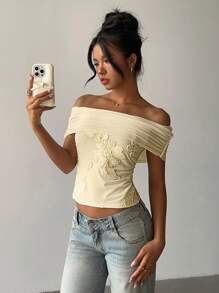 Aloruh 女士时尚休闲白色提花肩上衣 - 杏色 - 查看 6