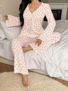 DAZY Conjunto de ropa de dormir con top corto con volantes y estampado de corazones y pantalones largos con volantes en el bajo, ropa de otoño para mujer - Blanco - Ver 5