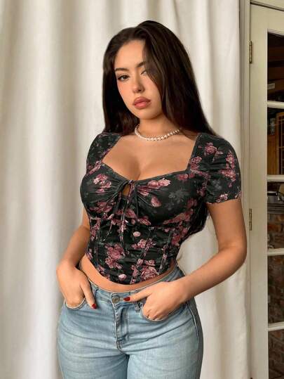 Firerie Camiseta corta de mujer con estampado floral y abertura frontal, ajustada, para el verano