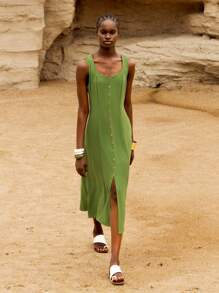 Lumivelle 女士夏季度假亚麻方领修身长裙 - 綠色 - 查看 6