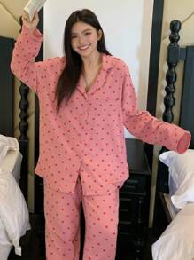 Dazy Plus Plus Size Heart Print Turndown Collar Loose Top & Pants Pajama Set, Home Wear, Fall Winter Clothes Valentine's Day - Watermelon Pink - View 3