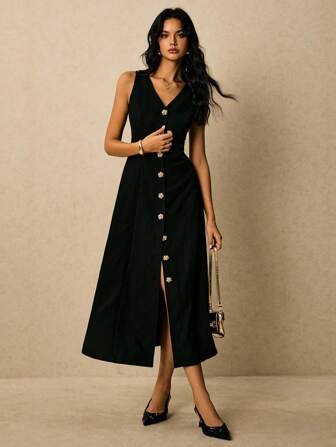 Poéselle 女式夏季优雅纯色前扣无袖连衣裙