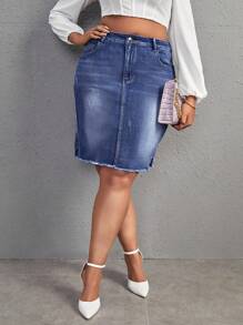 SHEIN SXY Plus Size Women Pocket Fringe Hem Bodycon Denim Mini Skirt