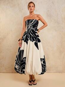 COSMINA 女士优雅褶饰印花连衣裙，适合宴会，春夏秋 - 黑與白 - 查看 7