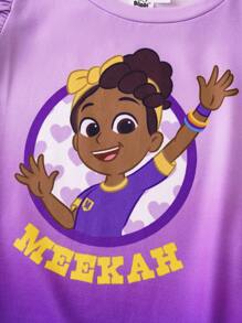 Blippi X SHEIN Bộ đồ mùa hè 2 món áo tay dài màu tím ombre phong cách hoạt hình cho bé gái và quần short in hình bướm trái tim dễ thương - Màu tím - Xem 5