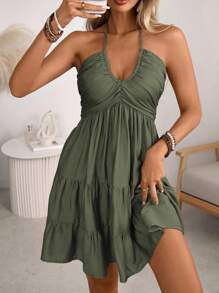 Breezaya 女式春夏单纤维竹结波西米亚沙滩裙，褶皱前胸设计，A 字形分层裙摆，露背，可调节领结