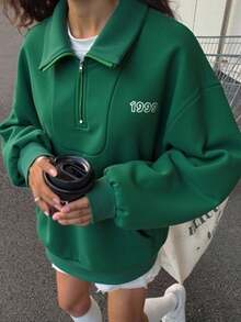 SHEIN Sweat-shirt-shirt vert surdimensionné à col montant avec petit imprimé floral, style décontracté universitaire en tissu doux, Sweat-shirt-shirt polyvalent et confortable convenant pour le port quotidien, l'école, les voyages, les activités extérieures. Sweat-shirt-shirt vert esthétique Y2K, pour l'automne/l'hiver - Vert - Voir 2