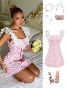 Glamine Charm Glamine Women's Elegant Pink Plaid Ruffle Trim Square Neck A-Line Mini Dress, Summer Women Short Dresses Summer Cute Outfits For Women Beach Outfits For Woman Resort Wear Beach Women Outfits Country Tea Party Outfit Country Concern Outfit Stockholm Style 4th Of July OUtfit Women Gingham Dress Pink Gingham Dress - Pink - View 3