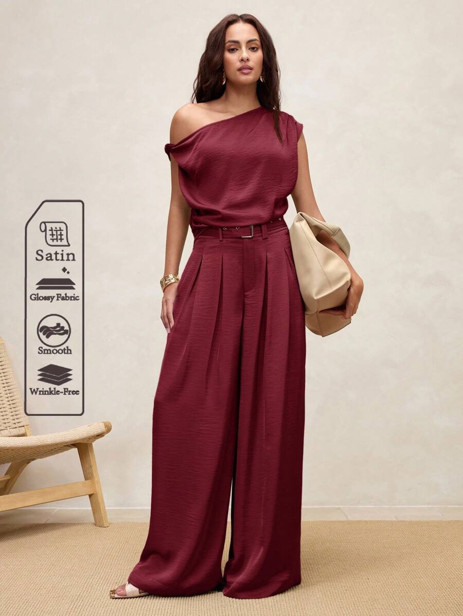 EMERY ROSE Áo không tay dáng bất đối xứng chất liệu satin Arave dành cho nữ, thanh lịch, phù hợp cho công sở và kỳ nghỉ, dành cho nữ, dệt kiểu Pháp trang nhã, kín đáo, cổ điển, chỉ có áo kiểu, một vai, satin, nữ, thanh lịch cho nữ, mùa thu thu - Màu Đỏ Sâu - Xem 1