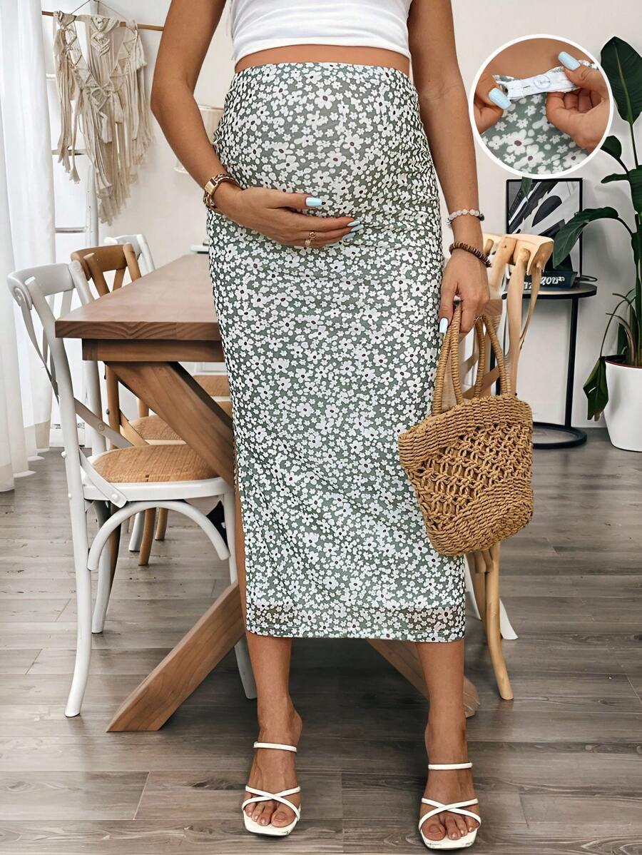 SHEIN Maternity Ditsy Floral Adjustable Waist Side Slit Hem Fitted Skirt, Vacation Style ,Maternity Floral Skirt
