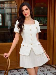 Vintamour Vintage Retro Elegant Women Metal Button Decor Square Collar Short Sleeve Casual Blazer Work Vacation Summers For Women Vacations Woman Business Casual Woman Going Out Tops Women Vacations Women Country Concert Birthdays For Women Offices For Women School Clothes Teachers For Women Whites For Women Button Up Shirt Women Churchs Women Fall Festivals For Women