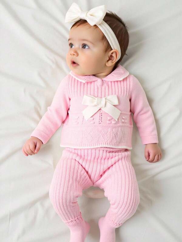 Baby Girls Cute Sweater Co-Ords, Long Sleeve Knitted Pullover Sweater With Bow Decor And Matching Knitted Pants Set, Soft & Suitable For Daily Wear, Outings, Travel, Vacation, Home, Daycare