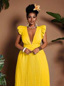 Maweii Plus Size V-Neck Ruched Back Tie-Shoulder Elegant Dress - Yellow - View 4