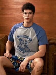 HARRY POTTER X SHEIN 2pcs/Set Men Summer Animal Badge & Letter Graphic Colorblock Raglan Sleeve T-Shirt And Shorts Loungewear Set