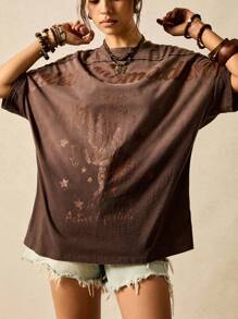 Easelle Women's Fashion Boho Round Neck Batwing Sleeve Coffee Brown Knit T-Shirts With Print For Summer Outfits Western Nomadic Graphic Tees