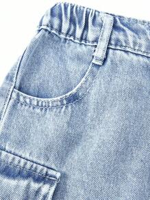 Young Girls Wide Leg Jeans, Blue Denim Casual Loose Fit Multi-Pocket Cargo Pants, Street Style Suitable For Spring/Summer Vacation - Medium Wash - View 4