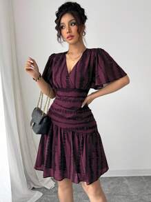 Elenzga Women's Elegant Zebra Print V-Neck Waist Ruched A-Line Flare Sleeve Midi Dress, Suitable For Commute, Afternoon Tea, Party, Easter, Middle East - Maroon - View 7