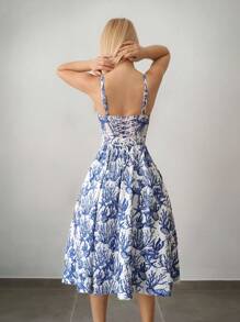 Sweetina 生日优雅花卉印花束腰太阳裙度假休闲全印花侧开衩吊带连衣裙 - 彩色 - 查看 2