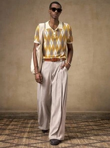 AKNOTIC Business Casual Áo thun nam tay ngắn dệt kim, dáng rộng, mặc hàng ngày, mặc mùa hè, họa tiết hình học Argyle, mặc đi nghỉ mát cho nam thập niên 70 - Màu Khaki - Xem 7