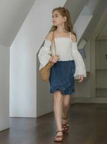 SHEIN Tween Girl Frill Trim Shirred Cold Shoulder Blouse - White - View 6