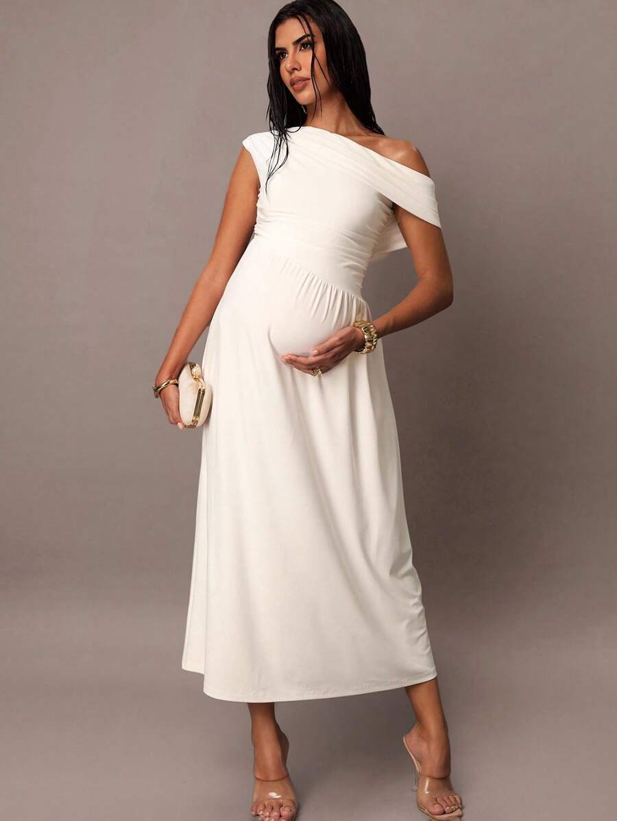 MaterniChic 春季郊游、夏季泳装、度假、复活节、波西米亚风、海滩、热门户外婚礼季、宴会、成人礼、海滩、海滨女士高端婚礼纯色不对称领口连衣裙、孕妇装 - 白色 - 查看 1