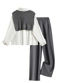 INAWLY 2件套女士时尚休闲浪漫长袖衬衫和长裤套装 - 灰色 - 查看 2