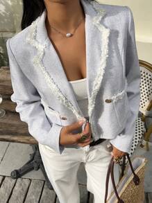 SHEIN Unity Elegant Contrast Trim Double-Breasted Long Sleeve Blazer Fall Cloth For Women - Blue and White - View 4